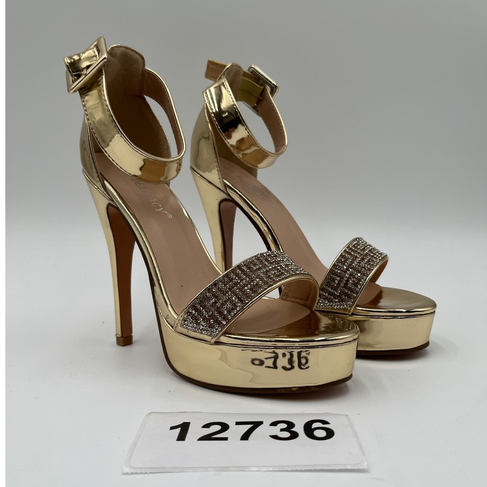 Delicacy Stiletto Heels Platform Sandals Womens 7.5 Gold Rhinestone Ankle Strap
